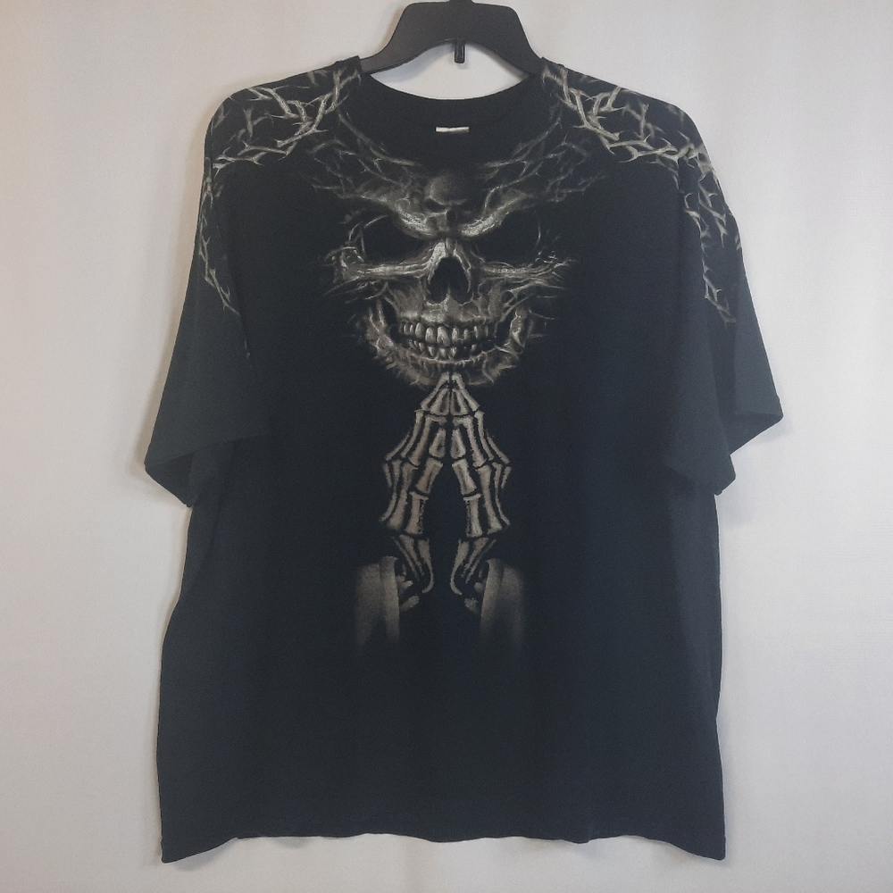 Streetwear Skull Face Praying Hands Short Sleeve T-shirt Men's Size 2XL AOP